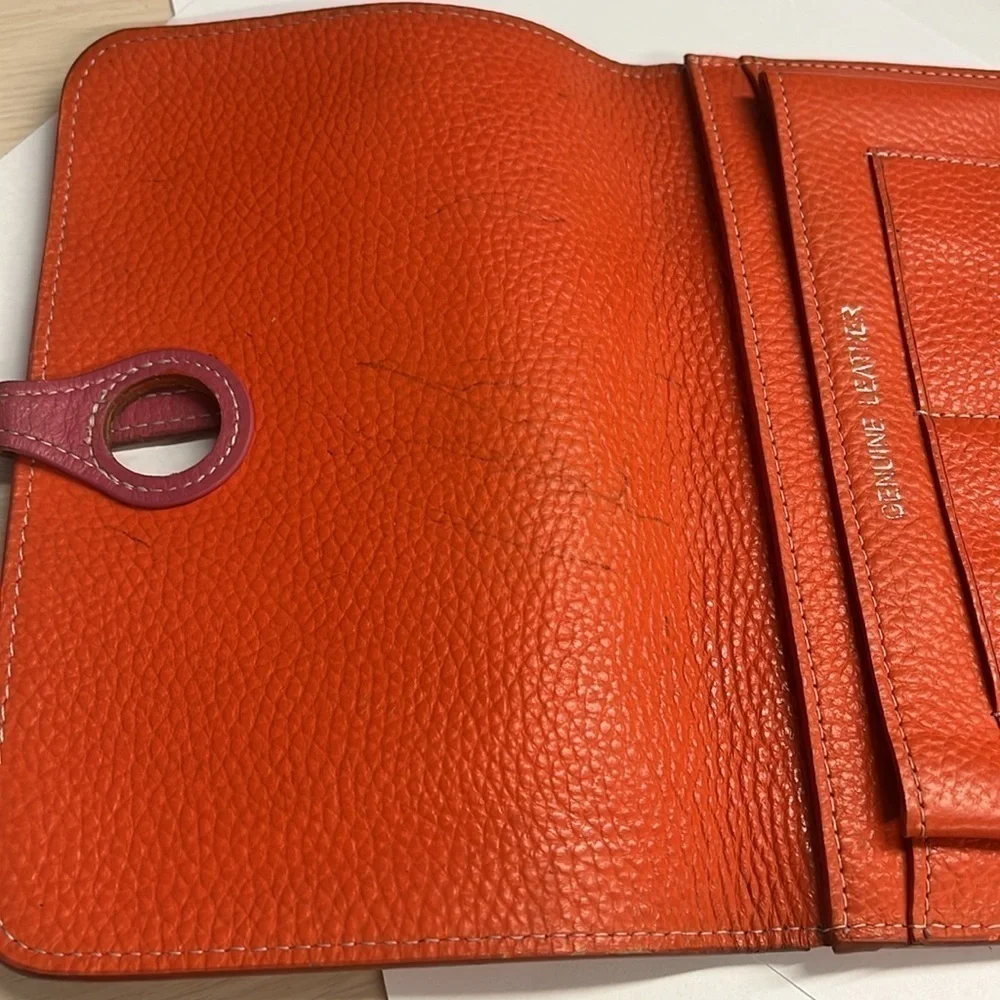 Orange Italian Pebbled Leather Pull Through Closure Clutch Wallet 7.5 x 4.5